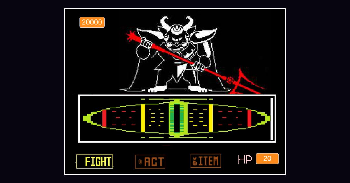 Asgore Dreemurr with a red trident over the green attack meter, framed as a Deltarune Fight Simulator card.