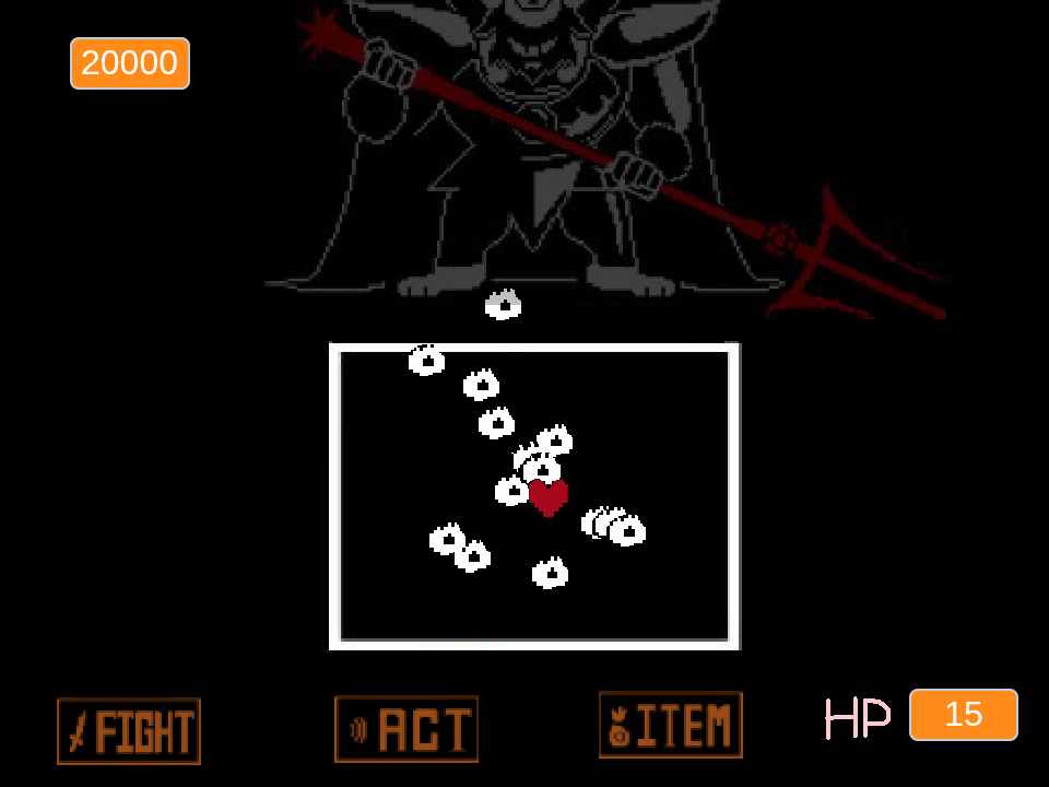 Asgore dimmed above a white-bordered box as white fire bullets swarm the red SOUL, HP 15 in orange, FIGHT ACT ITEM along the bottom.