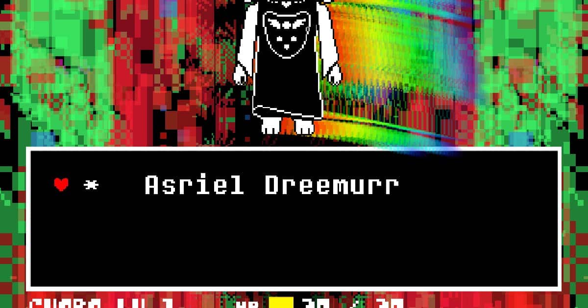 Asriel Dreemurr gameplay framed as a Deltarune Fight Simulator card: Hyperdeath robe against a rainbow field.
