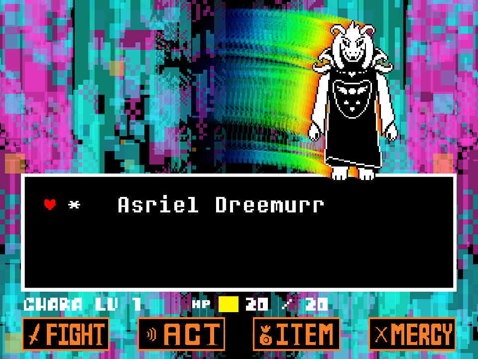 Asriel drifting right with a rainbow trail, the name Asriel Dreemurr in the box beside a red soul, and the four command buttons underneath.