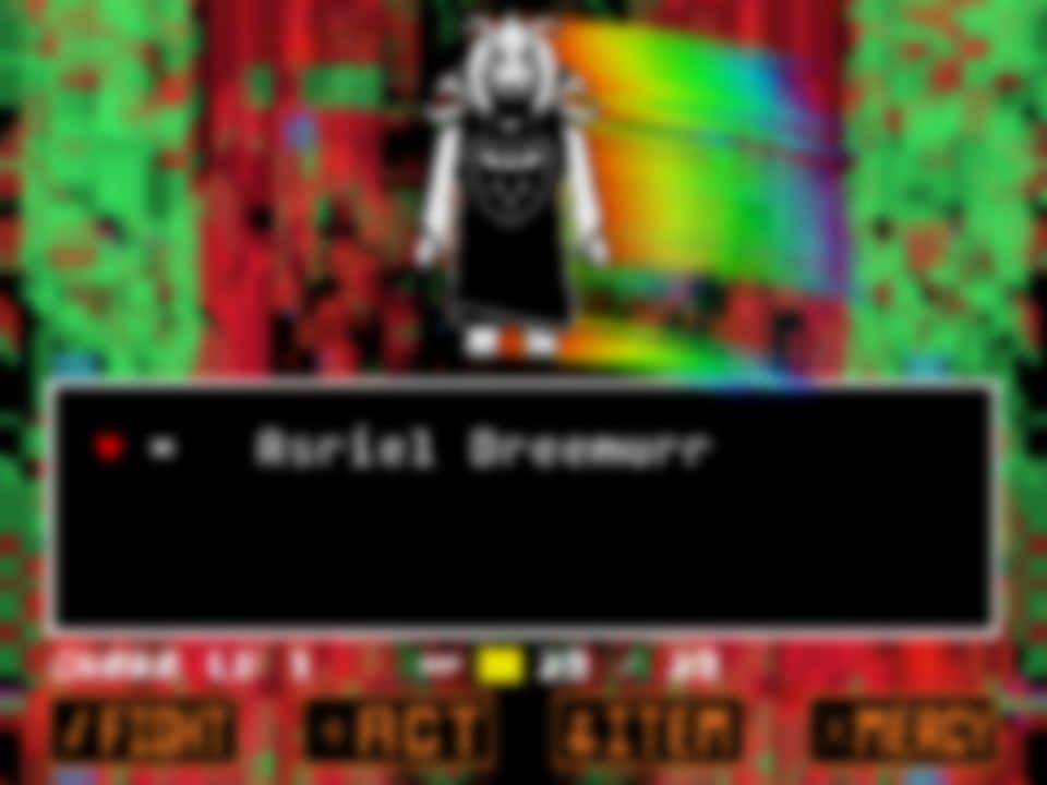 Asriel in the God of Hyperdeath robe over a glitchy rainbow field, with CHARA at LV 1, a full 20 HP bar, and FIGHT ACT ITEM MERCY lit.