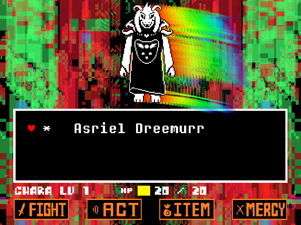 Asriel in the God of Hyperdeath robe over a glitchy rainbow field, with CHARA at LV 1, a full 20 HP bar, and FIGHT ACT ITEM MERCY lit.