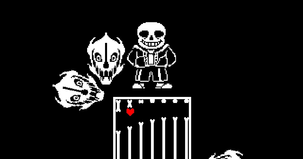 Bad Time Simulator gameplay: Sans, Gaster Blasters, and a bone-filled bullet box over the CHARA LV 19 HUD.