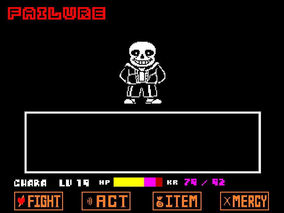 Practice mode after a death: red FAILURE text in the corner, Sans asking ready?, and the HP bar refilled to 92/92.
