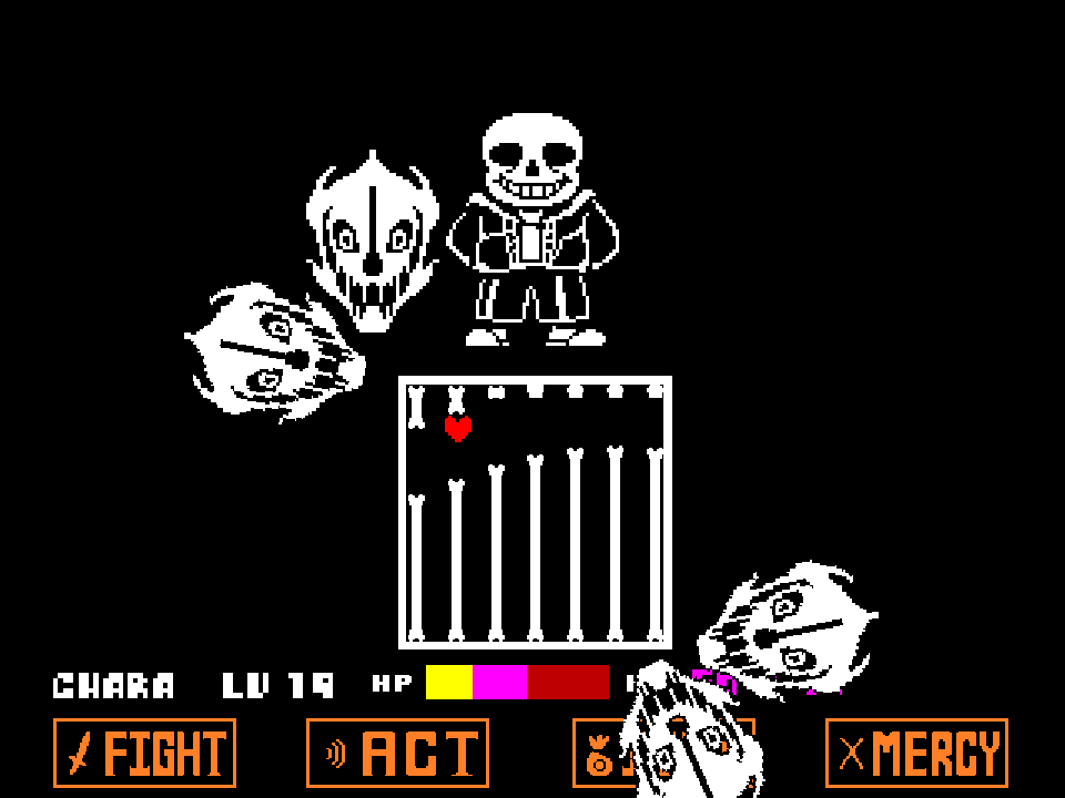 Sans flanked by four Gaster Blaster skulls while a red heart threads a column of white bones, HP bar split yellow, magenta, and red.
