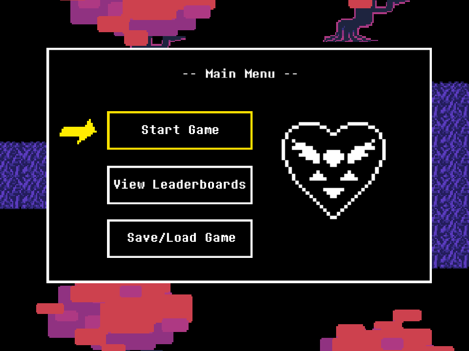 The main menu with Start Game highlighted, plus View Leaderboards and Save/Load Game, beside a pixel heart.