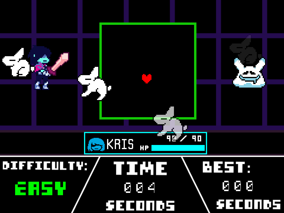 Kris beside a green bullet box with a red SOUL, a timer at 4 seconds, and the difficulty set to Easy.