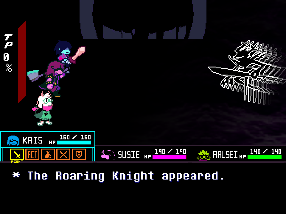 FIGHT is the lit command. The party lines up along the left edge. The shape in the Knight's hand is the curved black sword.