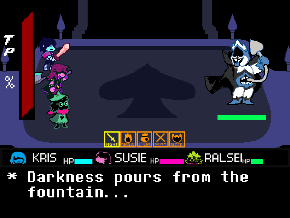 The King battle menu showing FIGHT, MAGIC, ITEM, MERCY, and BLOCK, with the line Darkness pours from the fountain.
