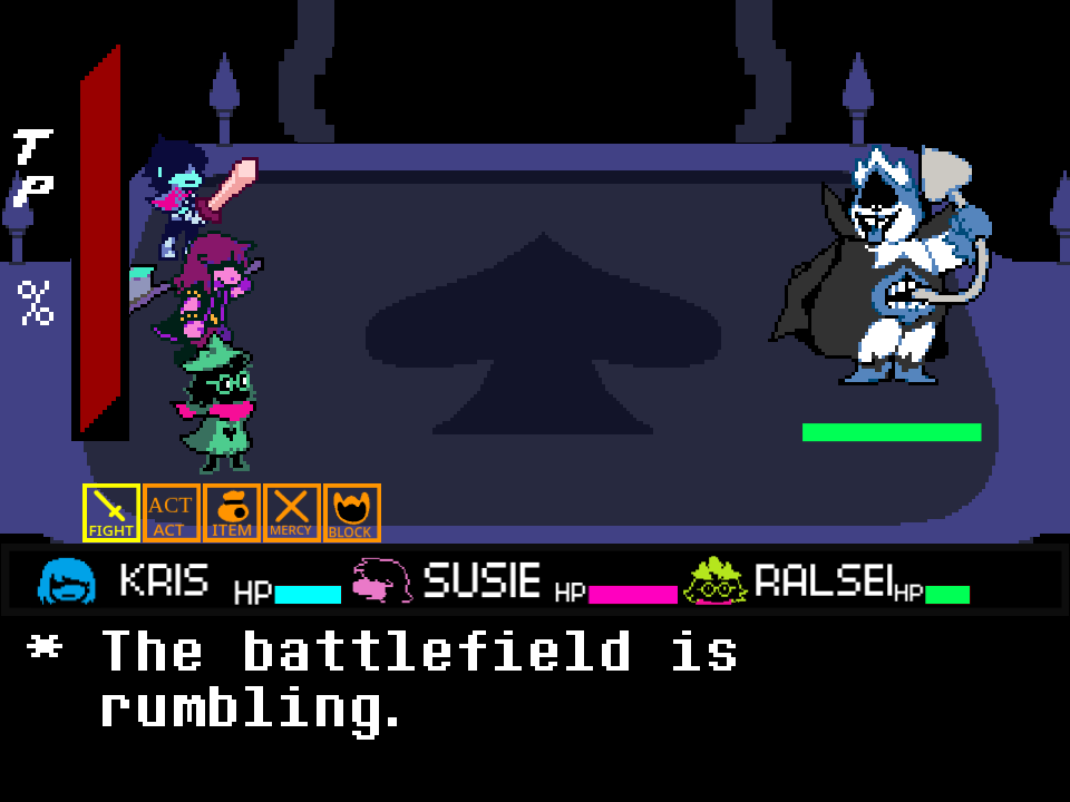 King on the right of the battle, with FIGHT, ACT, ITEM, MERCY, and BLOCK, and the line The battlefield is rumbling.