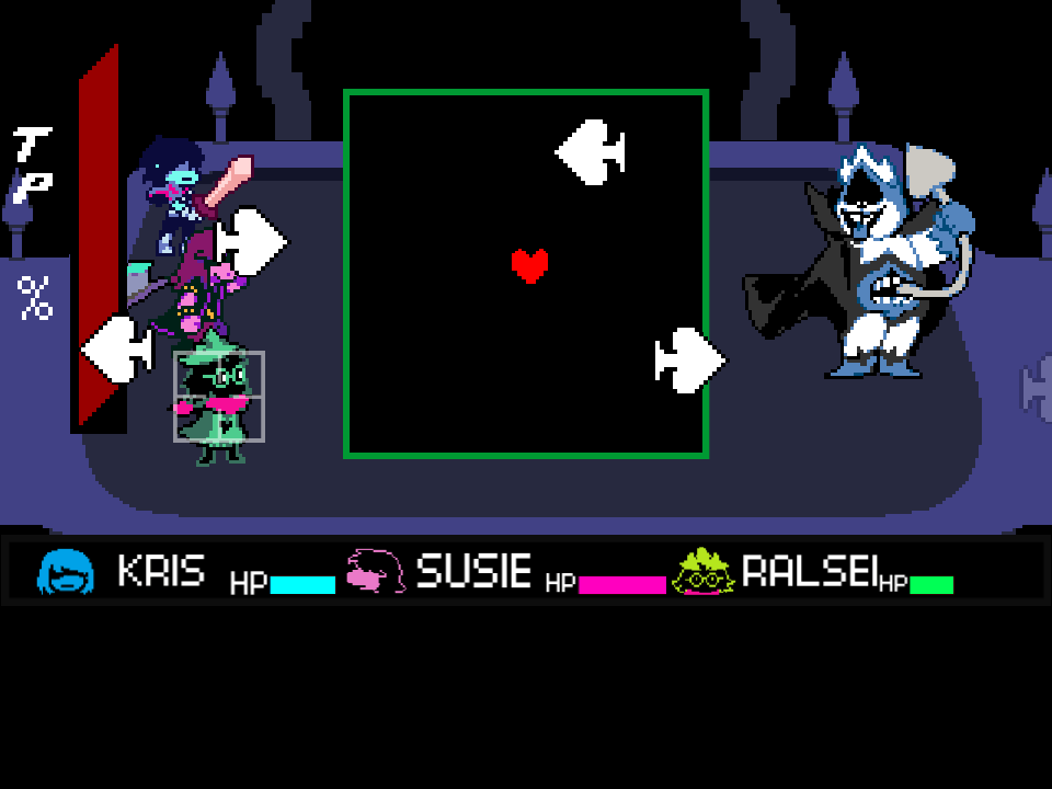 White spade bullets inside a green bullet box, with King on the right and Kris, Susie, and Ralsei on the left.