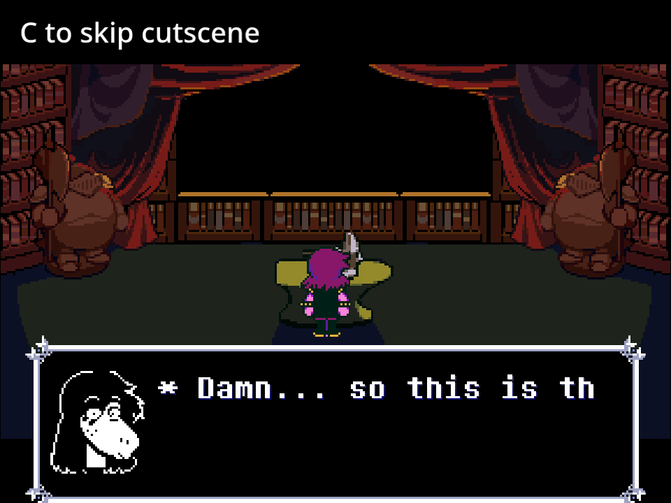 A curtained study. The prompt says C to skip cutscene, and Susie's dialogue box is still typing.