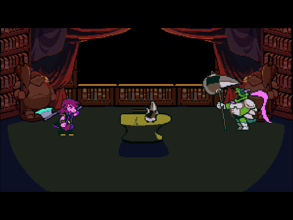 Susie with an axe faces the Hammer of Justice across an anvil, red curtains and bookshelves behind them.