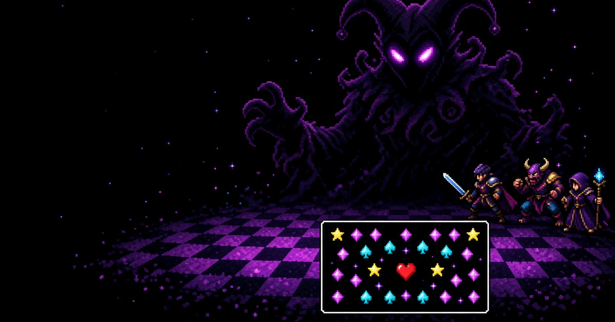 A Dark World battle: a huge horned jester behind three heroes and a bullet box of card suits with a red heart.