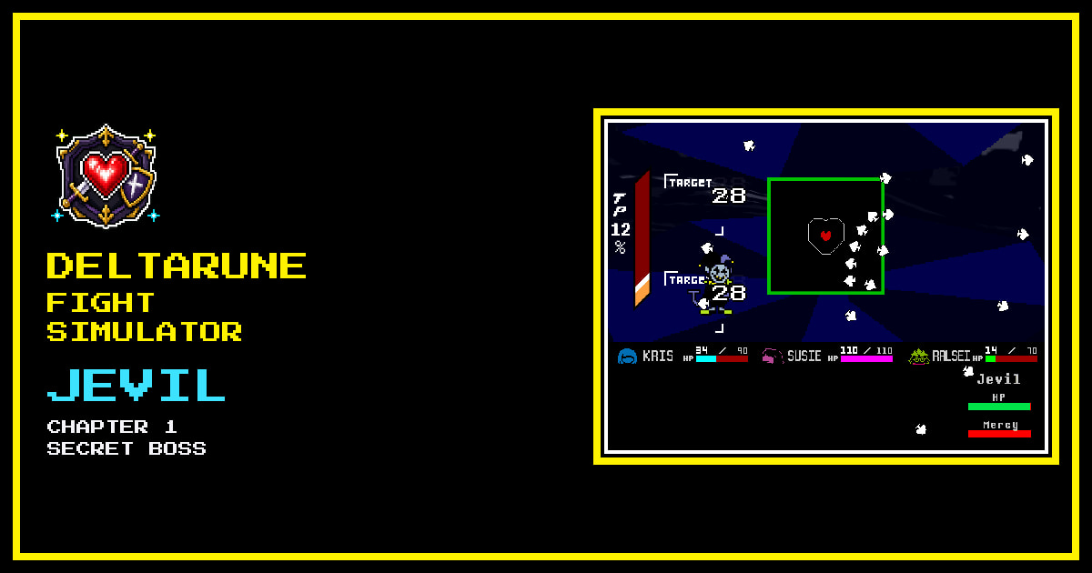 Jevil gameplay framed as a Deltarune Fight Simulator card: spade bullets around a green bullet box.
