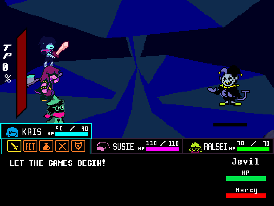Jevil on a blue carousel floor with Kris, Susie, and Ralsei, and the line LET THE GAMES BEGIN?