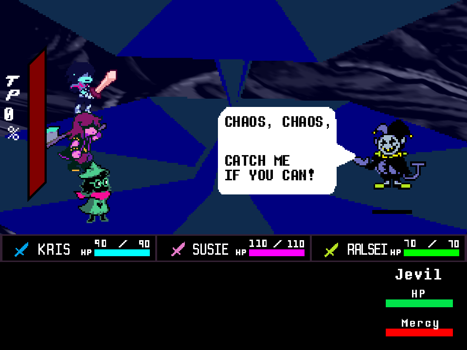 Jevil saying CHAOS, CHAOS, CATCH ME IF YOU CAN? with Kris, Susie, and Ralsei ready to act.