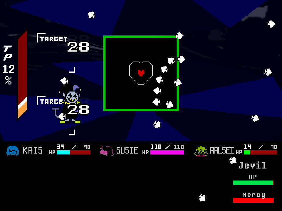 White spade bullets around a green bullet box, with Jevil on the left and the party's HP bars along the bottom.