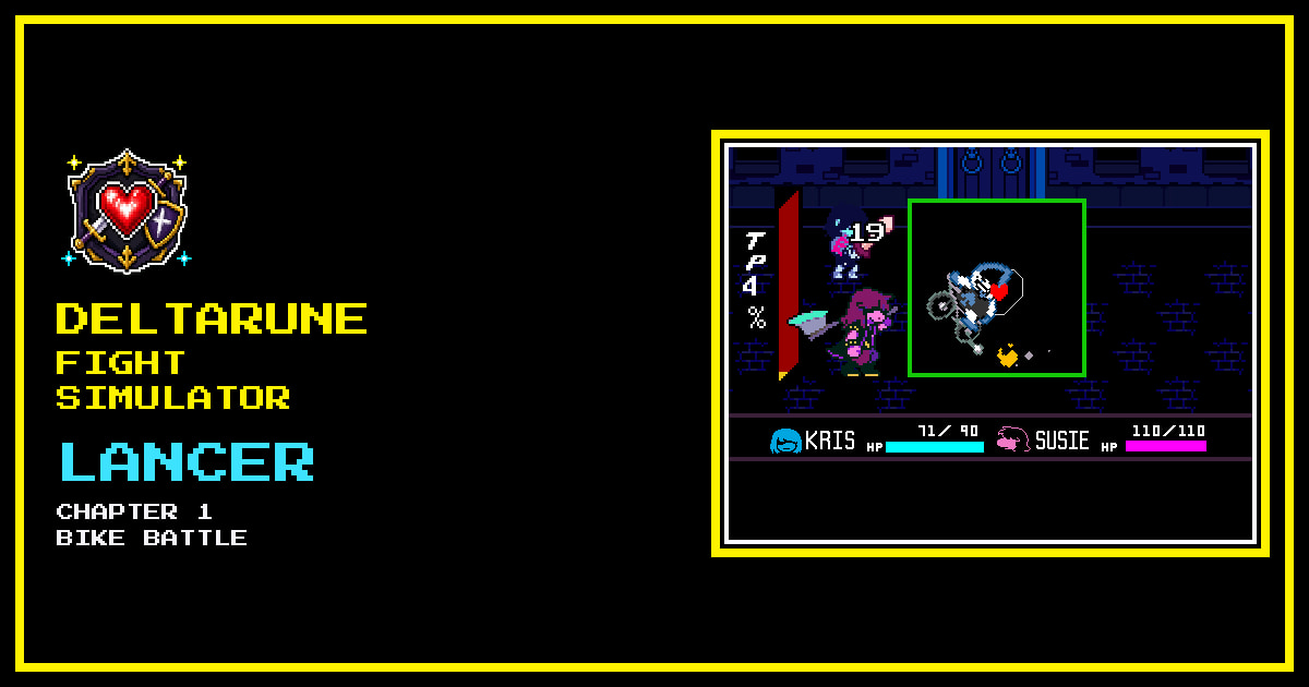 Lancer gameplay framed as a Deltarune Fight Simulator card: his bike attack inside the bullet box.
