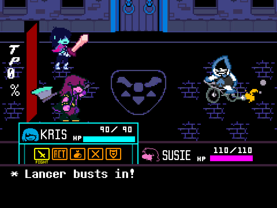 Kris and Susie facing Lancer on a bike, with FIGHT highlighted and the line Lancer busts in.