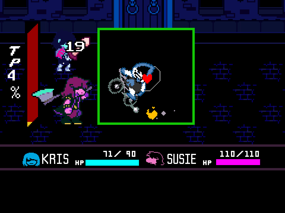 Lancer's bike attack inside the green bullet box, with a 19 damage number on Kris and Susie at full HP.