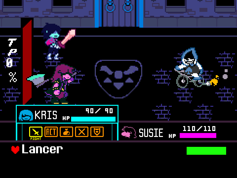 The Lancer battle with his name and green HP bar selected under Kris and Susie.