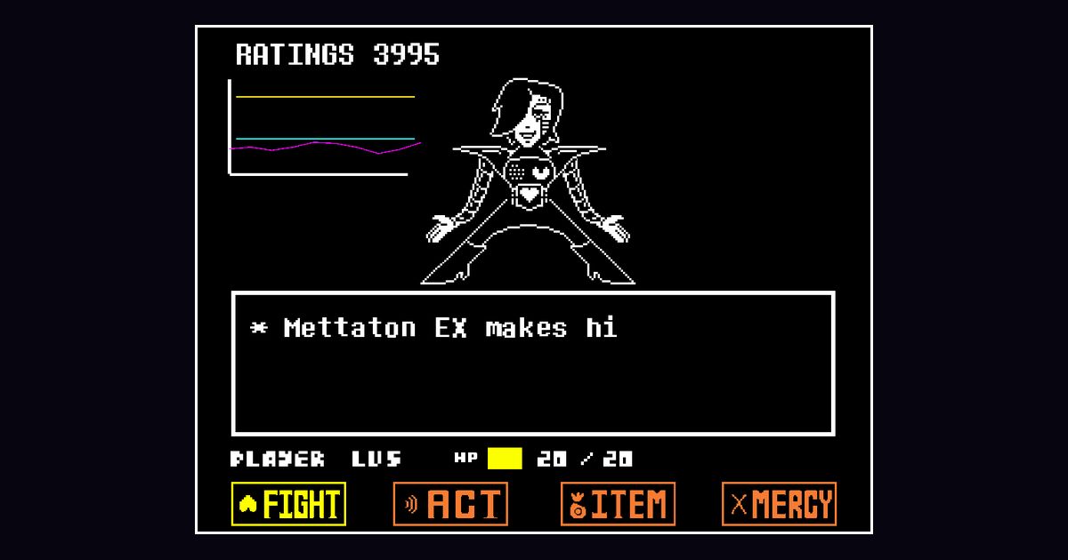 Mettaton EX making his premiere over a ratings graph, framed as a Deltarune Fight Simulator card.