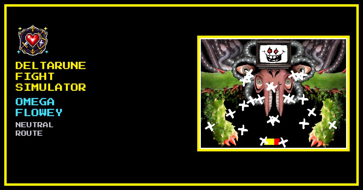 Omega Flowey gameplay framed as a Deltarune Fight Simulator card: television face, white X pellets, and cactus arms.
