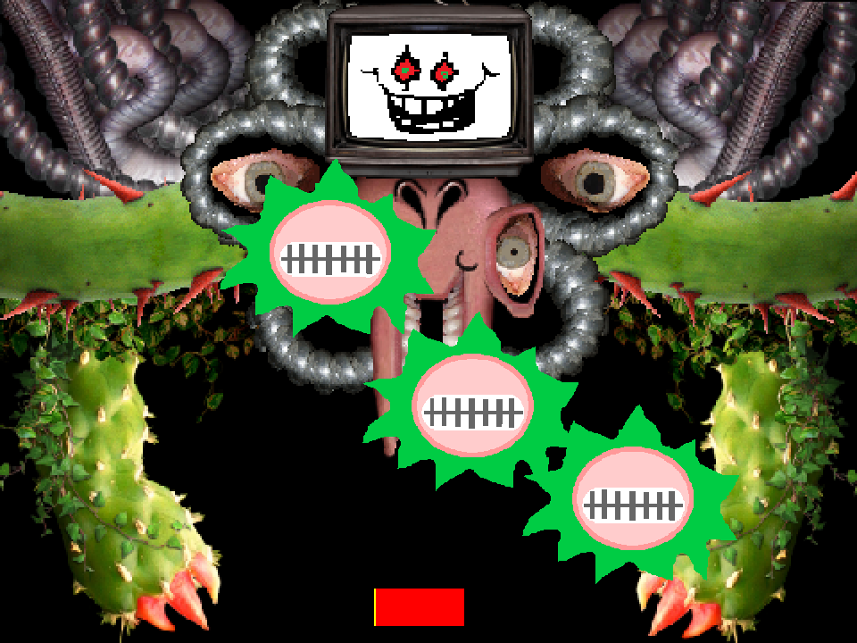 Three green dentata with pink stitched centers pass in front of Omega Flowey, and a red HP bar sits at the bottom.