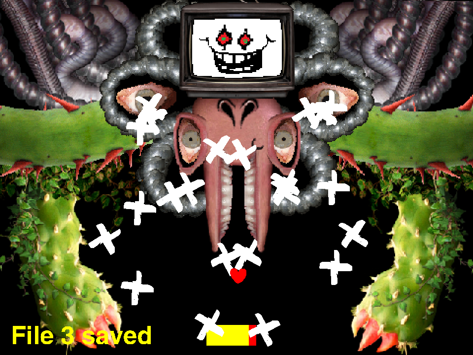 A red SOUL stands among white X pellets under Omega Flowey while the battle prints File 3 saved, with a yellow and red HP bar.