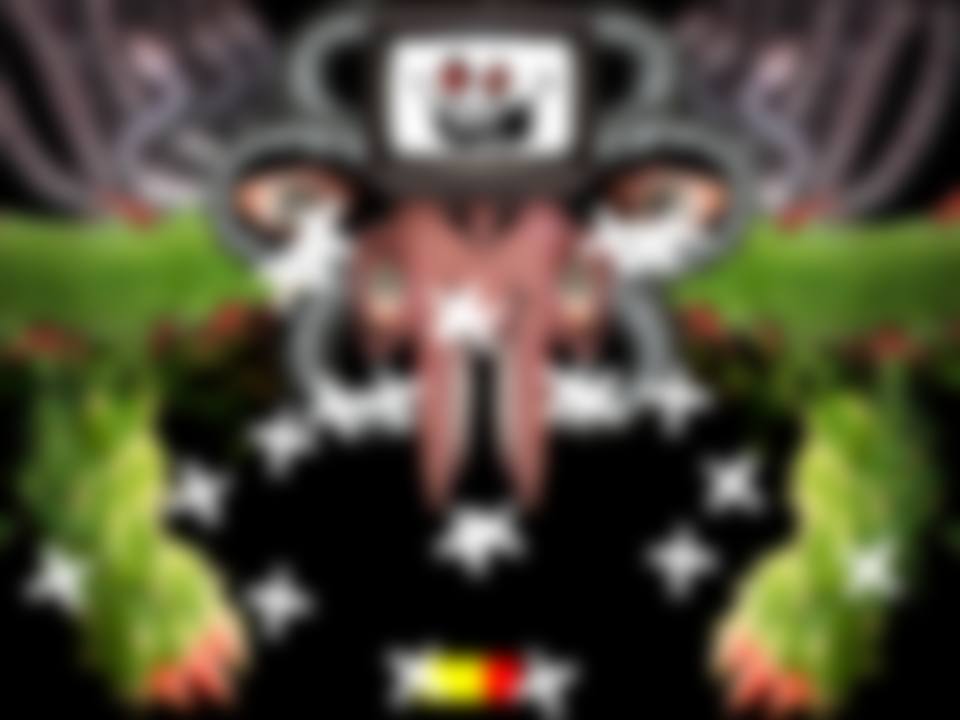 Omega Flowey's television face hangs over cactus arms while white X pellets fill the screen above a yellow and red HP bar.