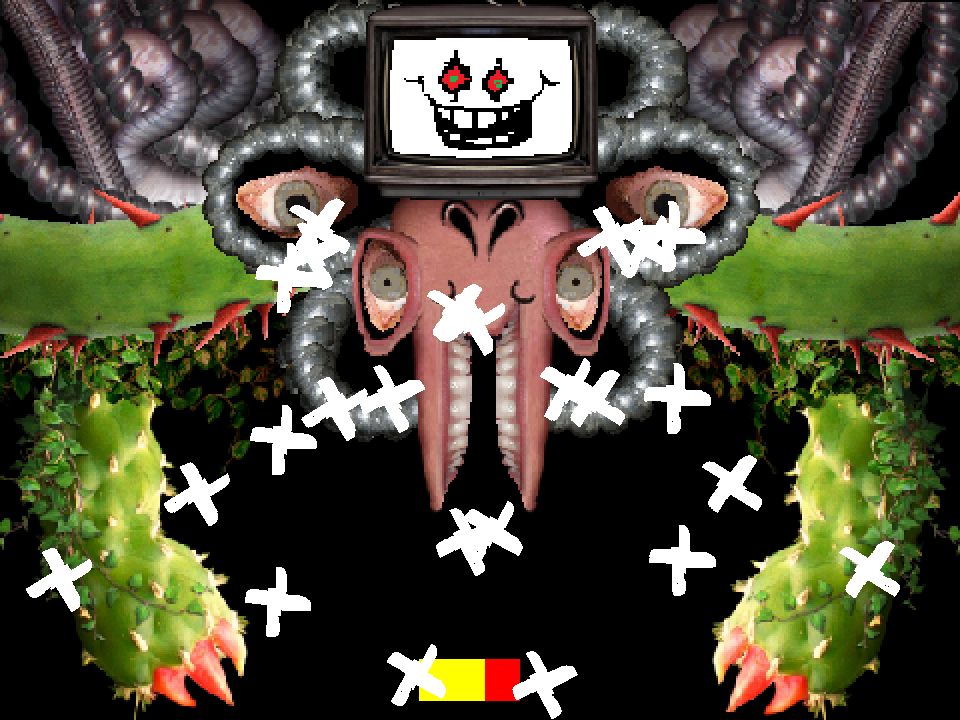 Omega Flowey's television face hangs over cactus arms while white X pellets fill the screen above a yellow and red HP bar.