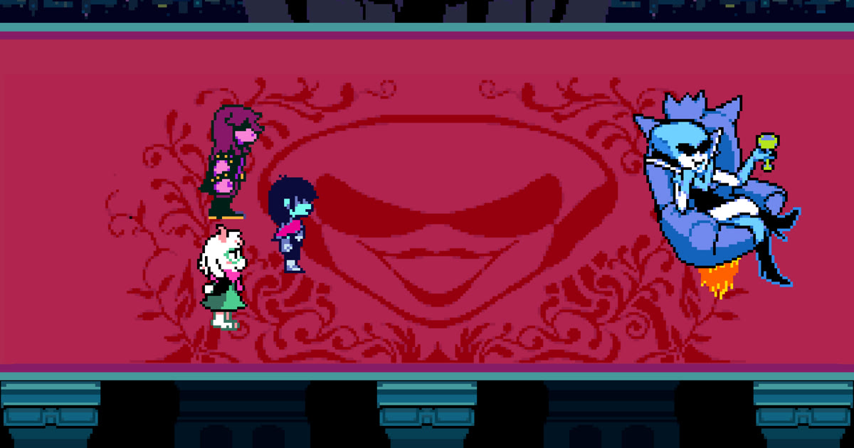 Queen from Deltarune Chapter 2 on her chair, framed wide over the mansion intro.