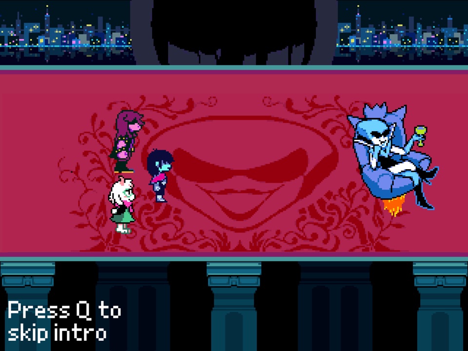 Queen seated on a floating chair with a glass, across from Kris, Susie, and Ralsei, with the line Press Q to skip intro.