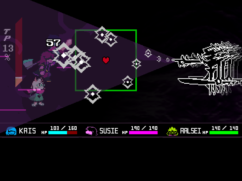 The Knight pointing as white star bullets surround a red SOUL in a green box, with Kris, Susie, and Ralsei on the left.