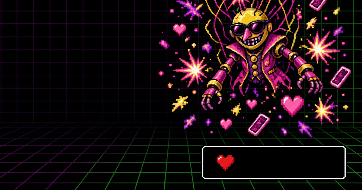 A neon puppet salesman in a pink suit and glasses, with phones and hearts, above a bullet box holding a red heart.