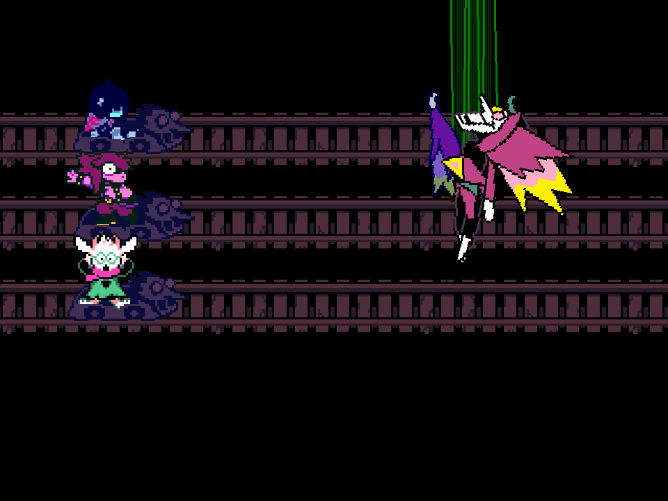 Spamton NEO hanging from green wires across from Kris, Susie, and Ralsei on minecart tracks.