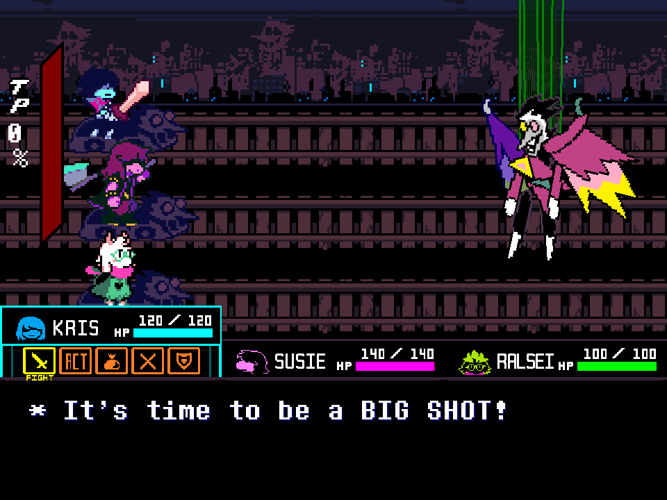 Kris's turn in the Spamton NEO battle, FIGHT highlighted, with the line It's time to be a BIG SHOT?
