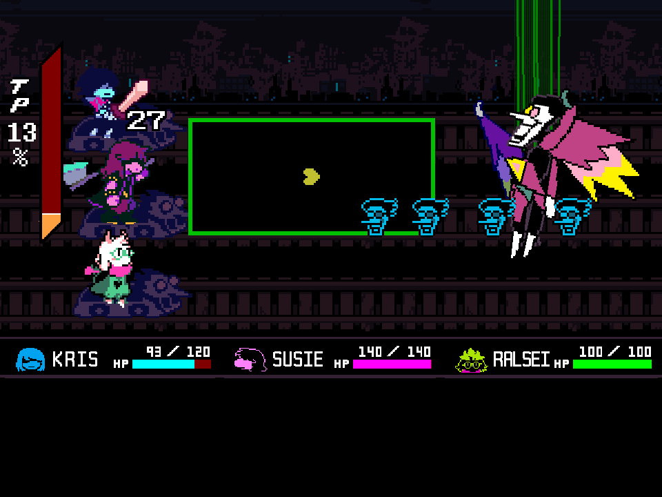 A yellow SOUL in the bullet box as blue Spamton heads line the bottom, with Spamton NEO hanging from green wires.