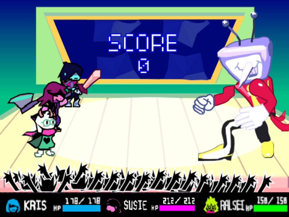 Tenna, a TV-headed host in a suit, standing over a Deltarune battle with a green board and the party.
