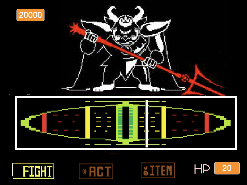 Asgore at 20000 HP above the moving fight meter, with player HP 20.