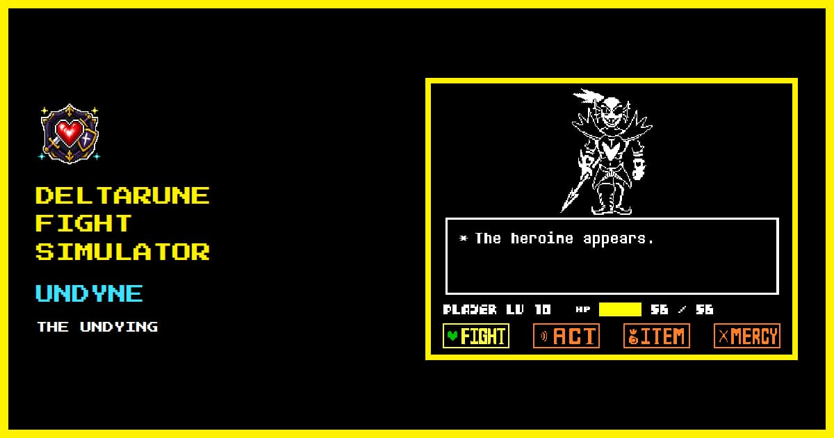 Undyne the Undying gameplay framed as a Deltarune Fight Simulator card: the heroine over a battle menu.