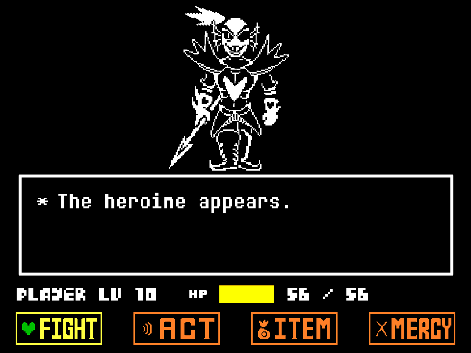 PLAYER at LV 10 with a full 56 HP bar, FIGHT lit, and the heroine standing over her entrance line.