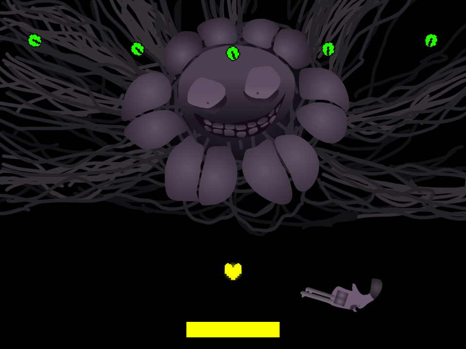 Meta Flowey hangs in vines above a yellow SOUL, a revolver drifts to the right, green digits float over the flower, and a yellow HP bar sits at the bottom.