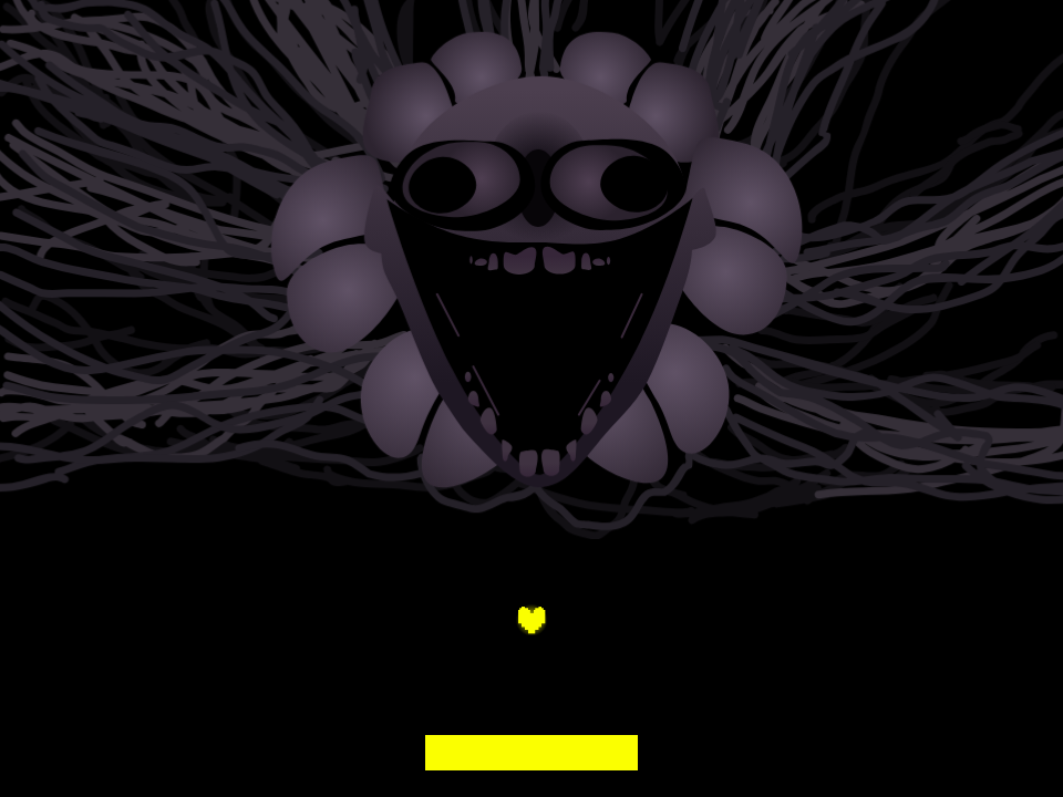 Meta Flowey's mouth is open above a yellow SOUL in the black lower half, with a full yellow HP bar along the bottom.